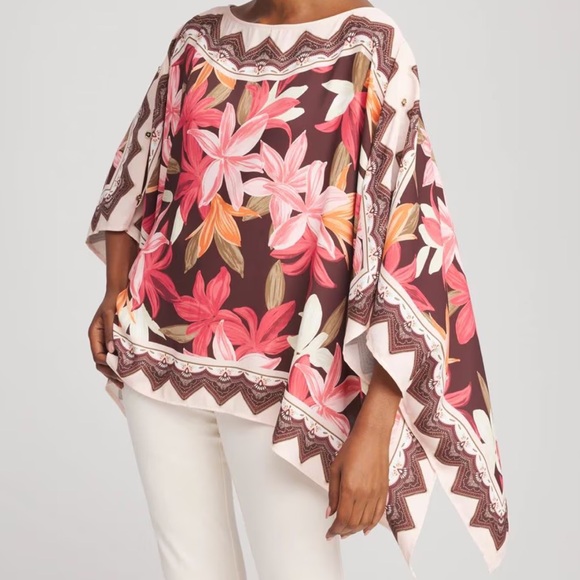 Chico’s One Size Floral Tropical Boatneck Poncho asymmetrical Hem NWT - Picture 5 of 7